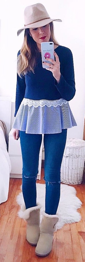 Blue long-sleeved shirt.