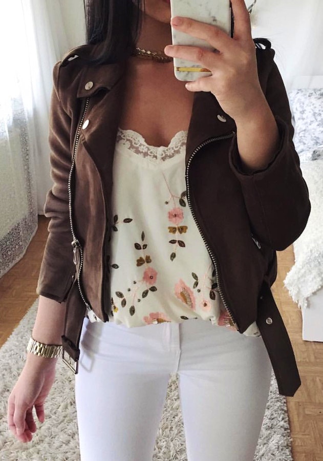 Brown Suede Jacket + Ivory Floral Top + White Skinny Jeans.