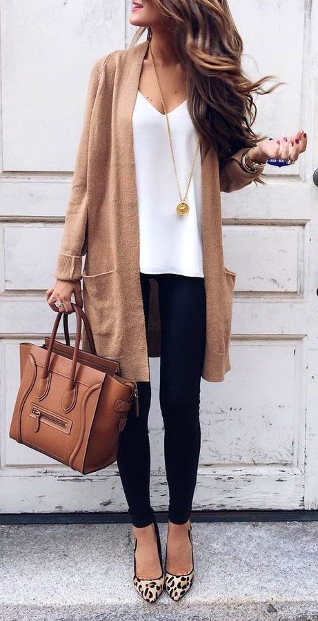 Camel Cardigan & White Top & Black Skinny Jeans.