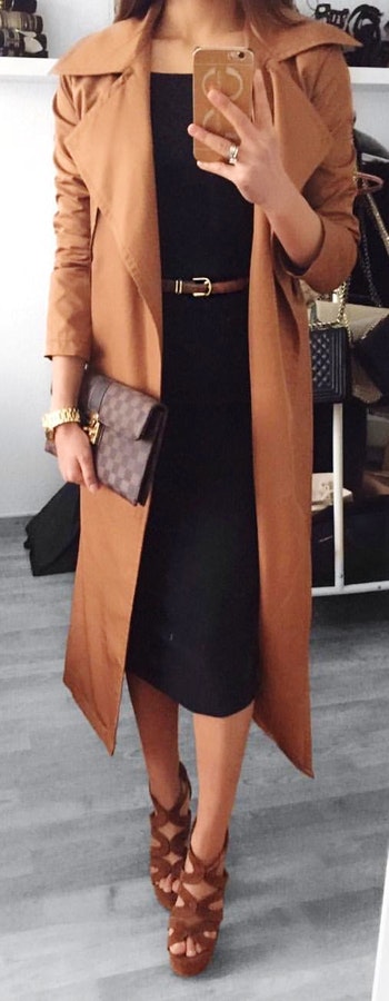 Camel Coat + Black Off The Shoulder Maxi Dress + Brown Sandals.