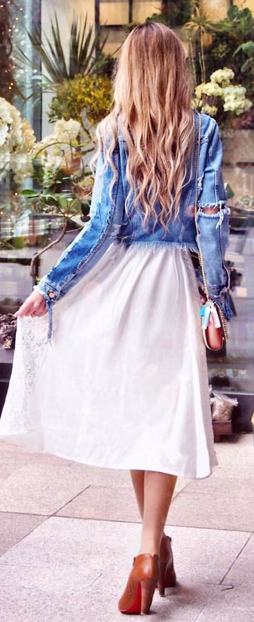 Destroyed Denim Jacket + White Dress + Brown Pumps.