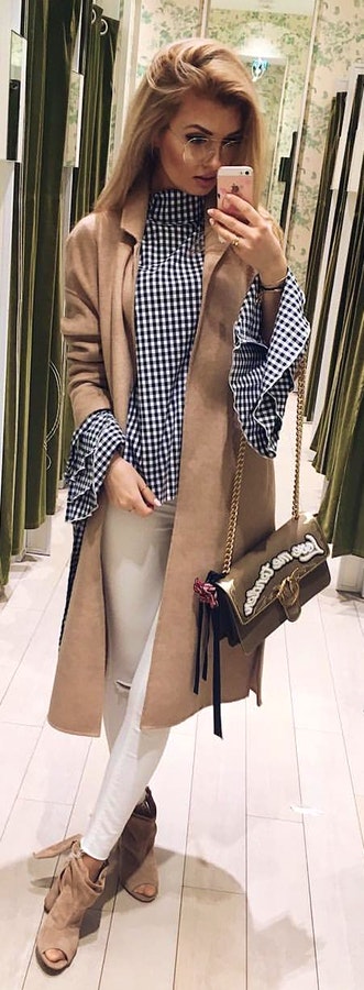 Gingham Blouse + Camel Coat + White Ripped Skinny Jeans + Camel Suede Open Toe Booties.