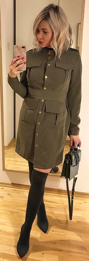 Green trench coat.