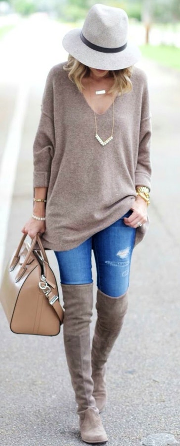 Grey Hat + Grey Knit + Ripped Skinny Jeans.