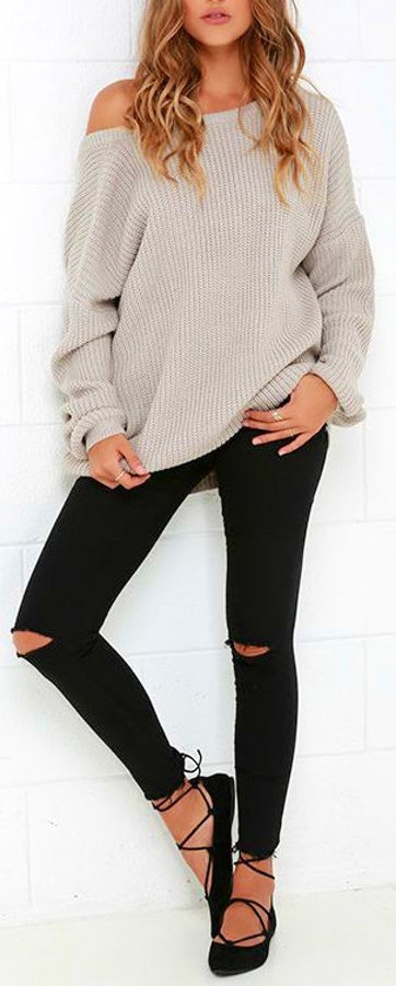 Grey Off The Shoulder Knit & Black Ripped Skinny Jeans.