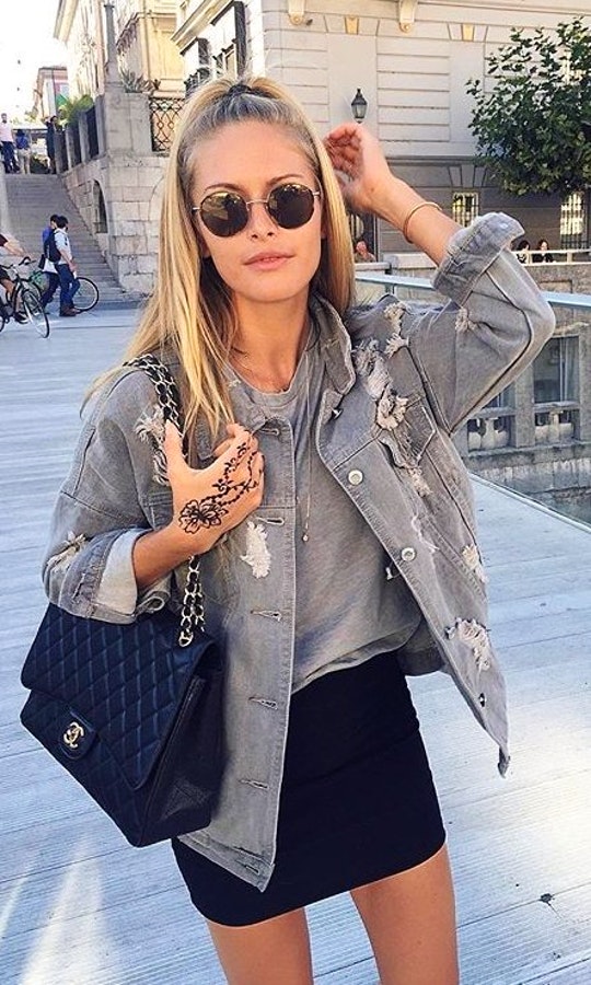 Grey Ripped Denim Jacket + Grey Top + Black Skirt.