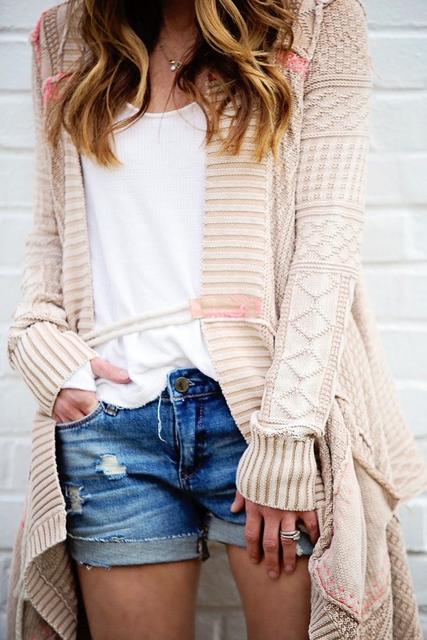 Ivory Cardigan & White Top & Ripped Denim Short.