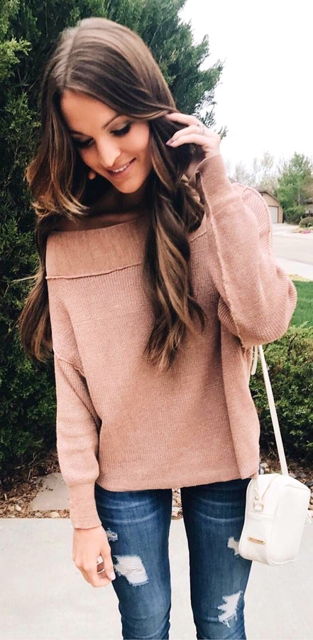 Mocha Knit + Ripped Skinny Jeans.