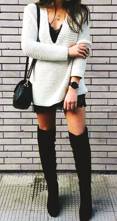 White Knit Dress & Black OTK Boots.