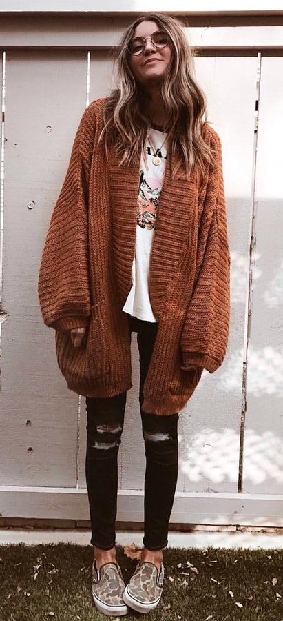 Women's brown knit open cardigan.