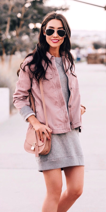 Women's pink button up jacket.