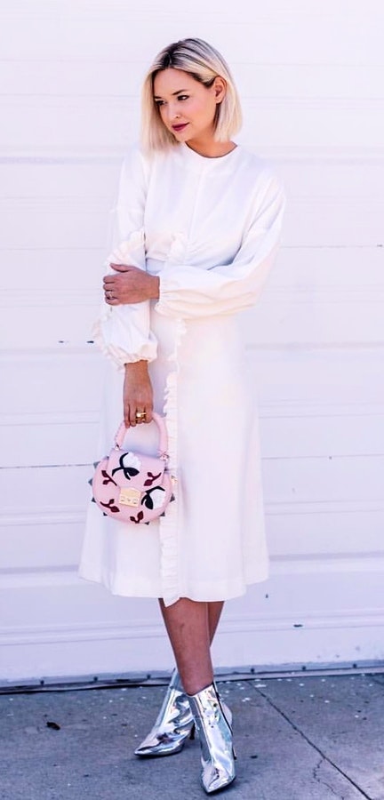 Women's white crew-neck long-sleeve midi dress.