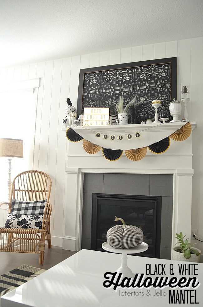 Black and White Neutral Halloween Mantel Decorating Ideas.