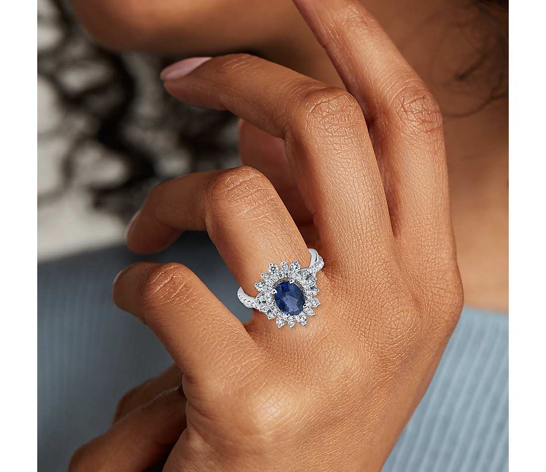 Truly Zac Posen Sunburst Oval Sapphire and Diamond Halo Ring.