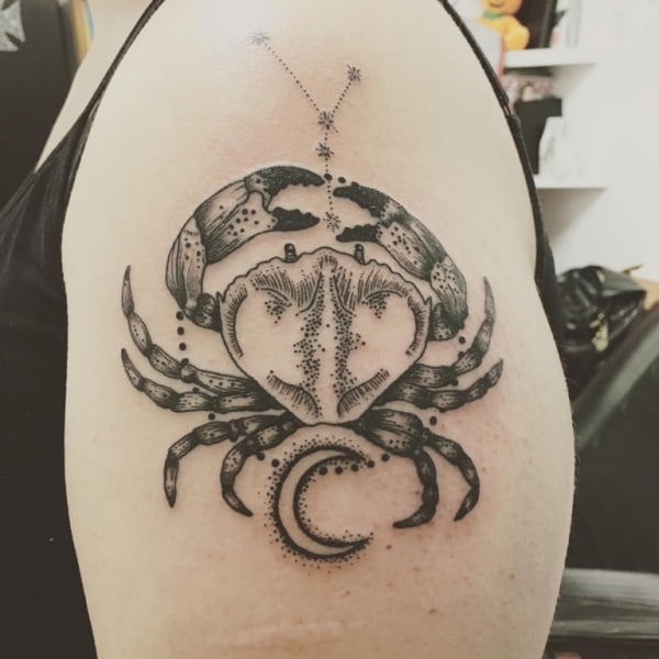 Cancer Crab and Constellation Shoulder Tattoo.