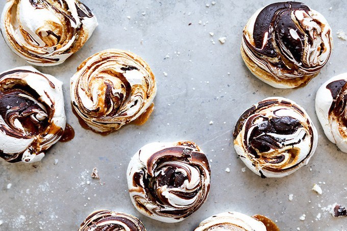 Chocolate and Salted Caramel Swirled Meringues from Floating Kitchen