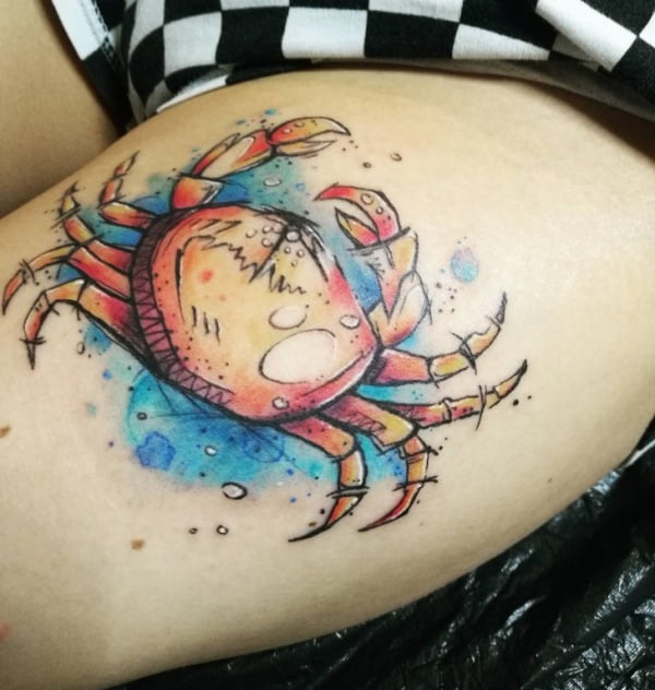 Crab Watercolor Thigh Tattoo.