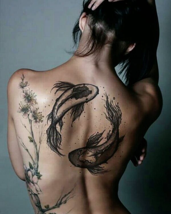 Fish Black Ink Back Tattoo.