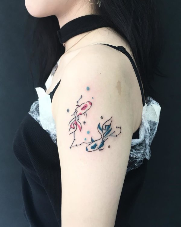 Fish and Constellation Shoulder Tattoo.