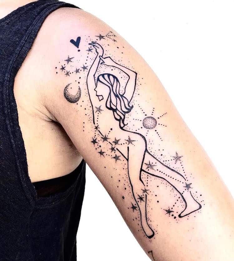 Goddess sleeve tattoo twined with Scorpio, Aquarius and Libra constellation.