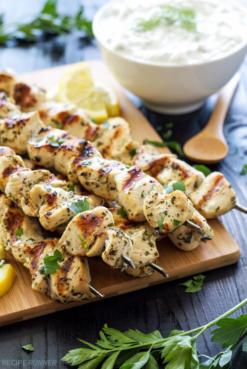 Greek Lemon Chicken Skewers with Tzatziki Sauce via Recipe Runner