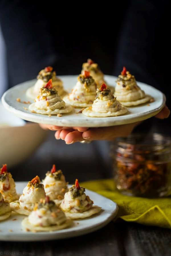 Lemon Sun-Dried Tomato Hummus and Goat Cheese Pesto Bites by Food Faith Fitness