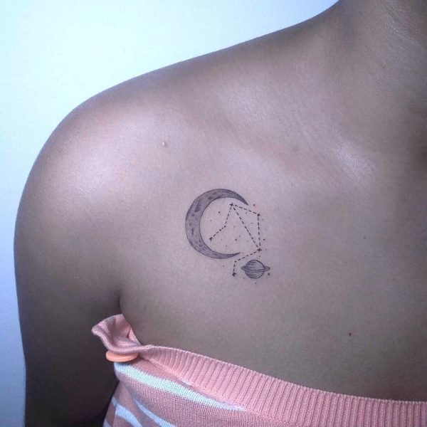 Libra Moon, Planet, and Constellation Collarbone Tattoo.