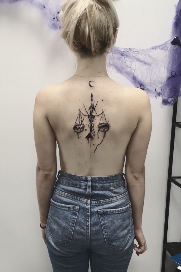 Libra Scale Black Ink Back Tattoo.