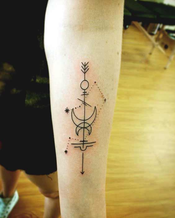 Libra zodiac constellation tattoo with half moon on arrow.