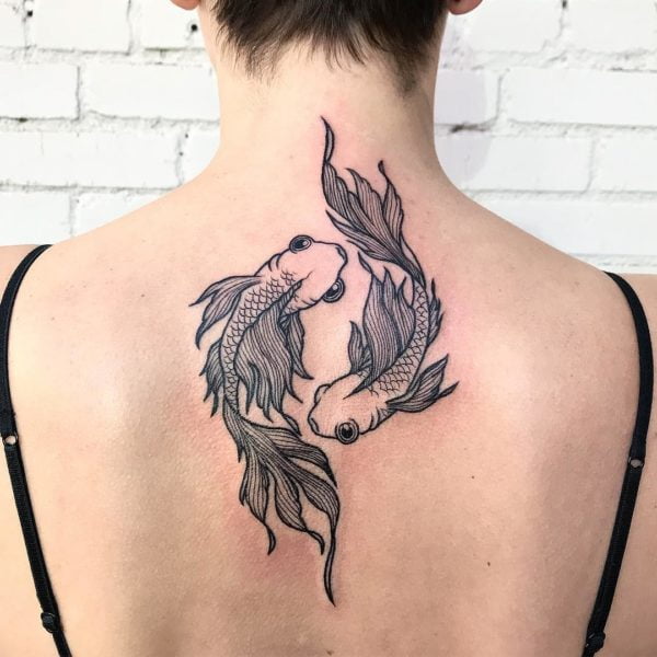 Pisces Goldfish Back Tattoo.