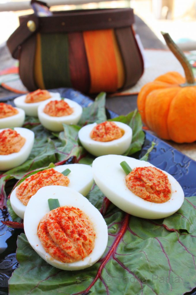 Pumpkin Deviled Eggs from Tadka Pasta