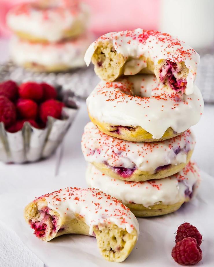 Raspberry Vanilla Baked Donuts with White Chocolate Glaze from No Spoon Necessary