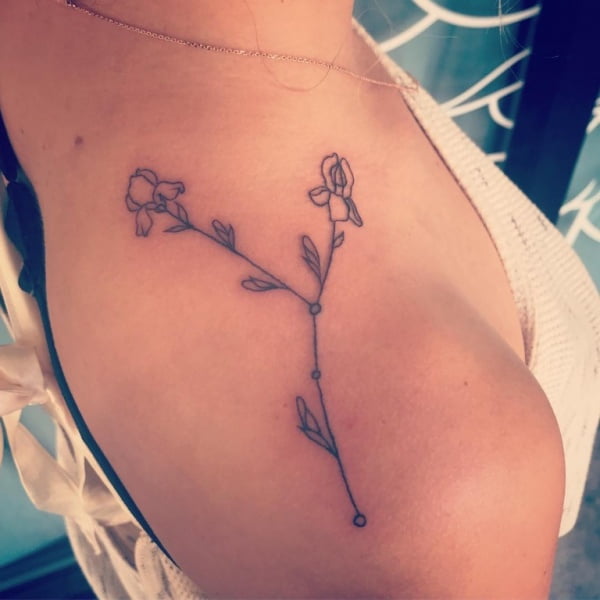 Zodiac Cancer Constellation with Flowers Shoulder Tattoo.