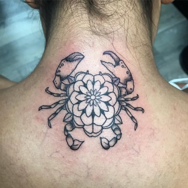 Zodiac Cancer Crab Mandala Back of Neck Tattoo.