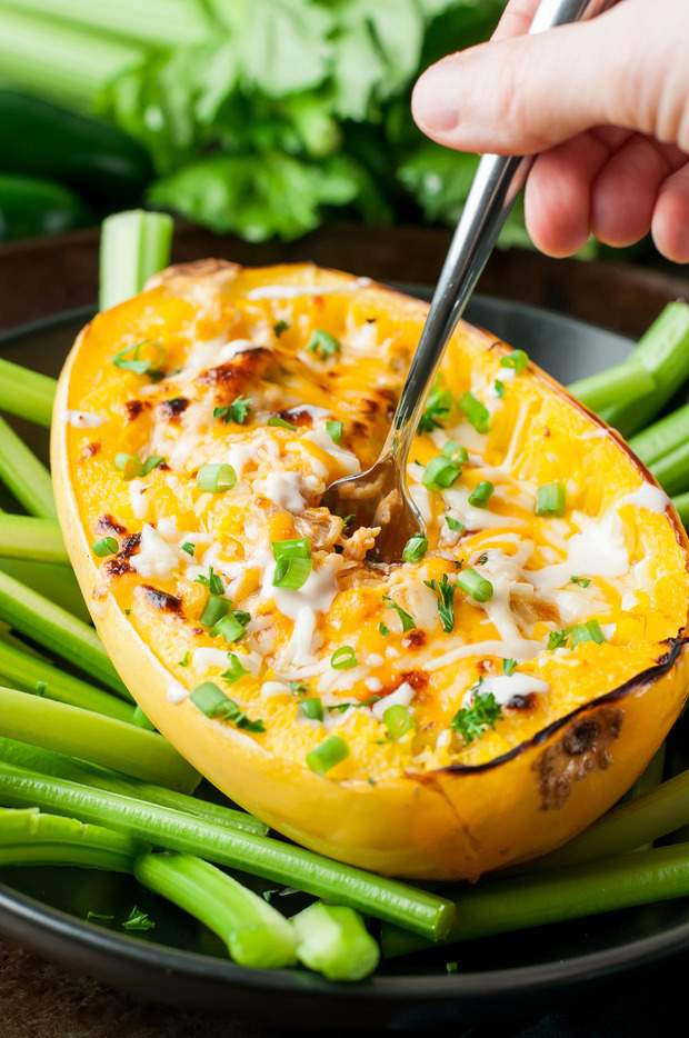 Cheesy Buffalo Chicken Spaghetti Squash