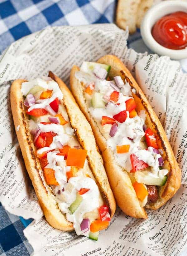 Greek Hummus and Tzatziki Hot Dogs