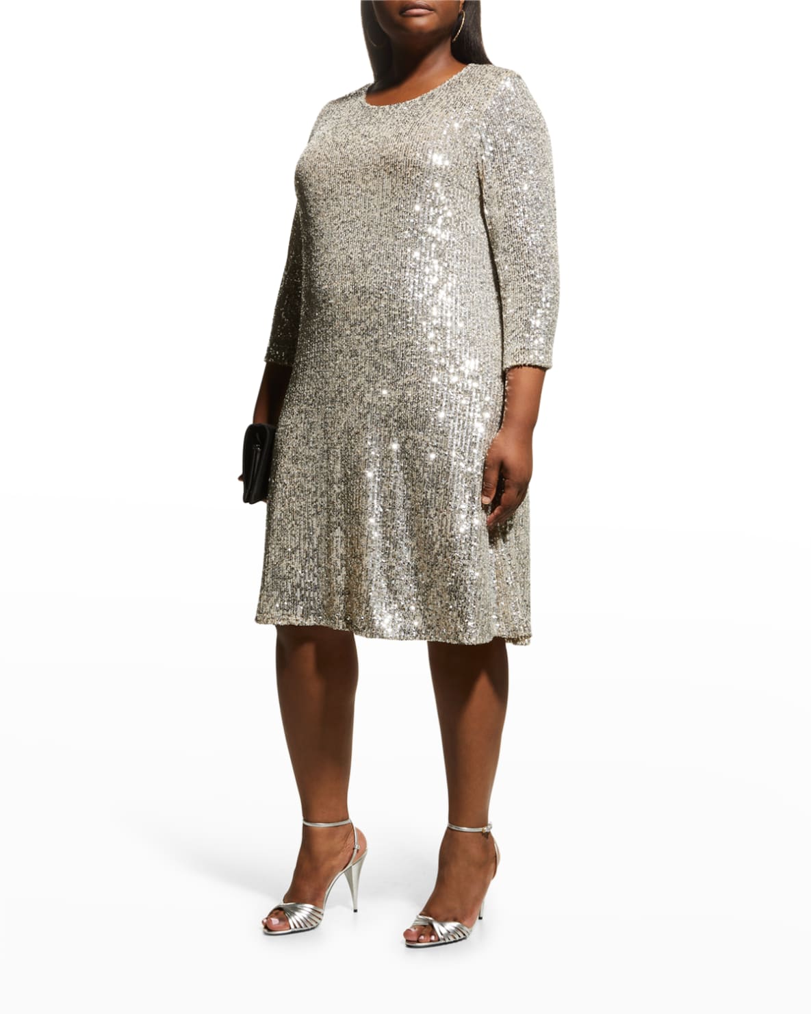 Plus Size Sequin ¾-Sleeve A-Line Dress
