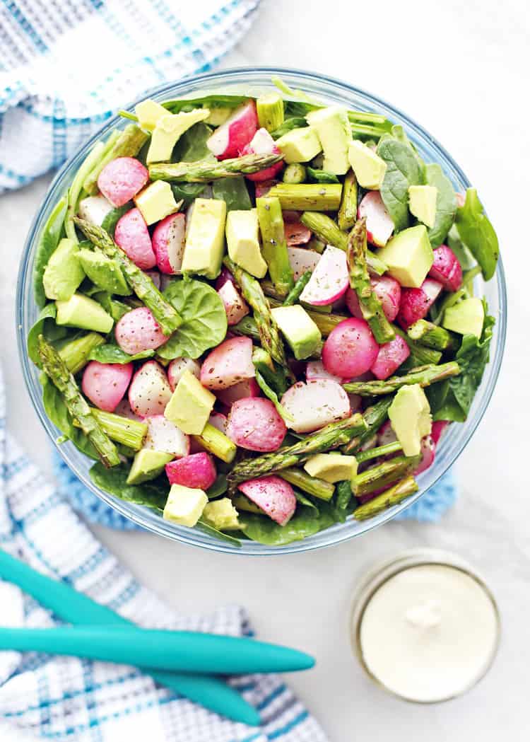 Roasted Asparagus Radish Salad with Creamy Garlic Cashew Dressing