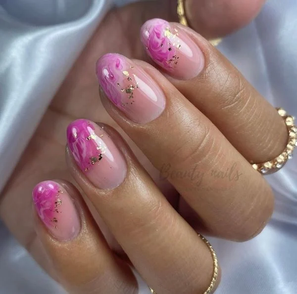 Pink Marble Nails with Gold Flecks