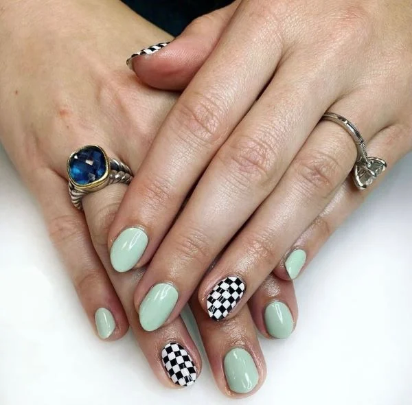 Short Green and Checkerboard Nails