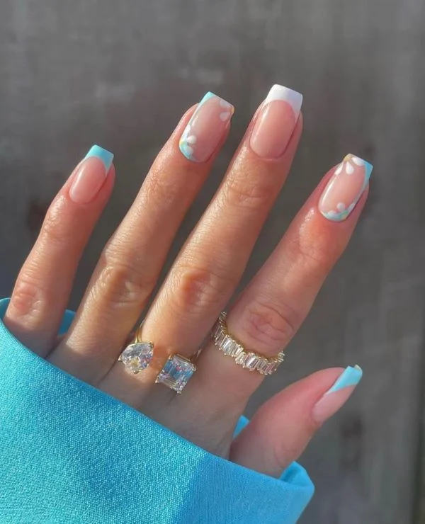 Square French Tips with Flowers