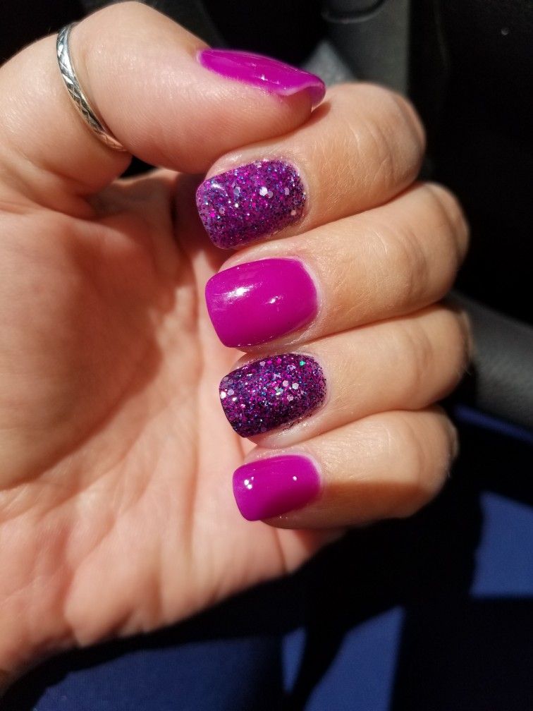 Purple and sparkly dip powder nails