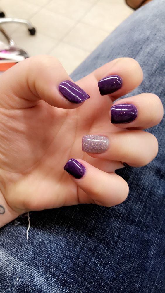 Violet and crystal dip powder on natural nails