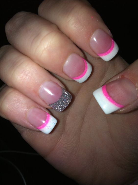 French Tip Acrylic with pink line and glitter accent nail!