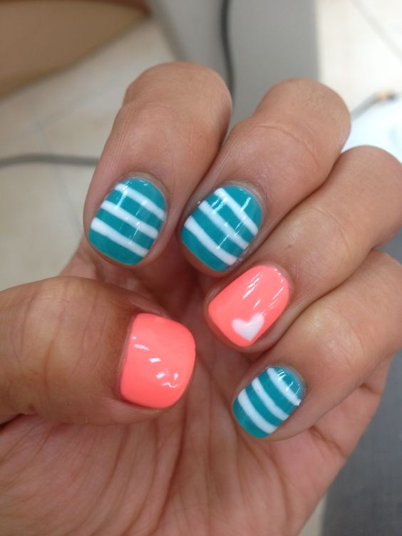 Striped gel manicure with love