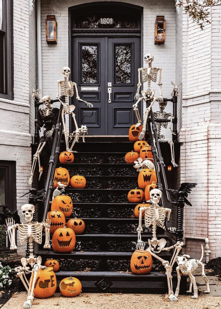 Black Door with Classic Jack-O-Lanterns & Skeletons