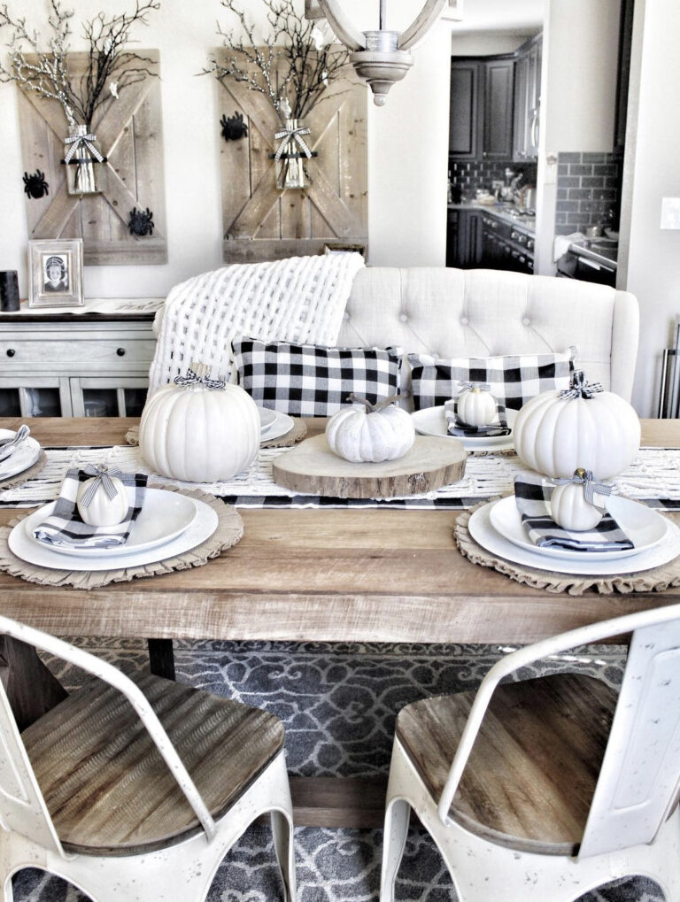 Gingham with White Pumpkins Farmhouse Table Setting