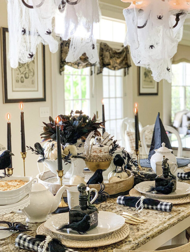 Halloween Table Setting with Spiders & Ravens