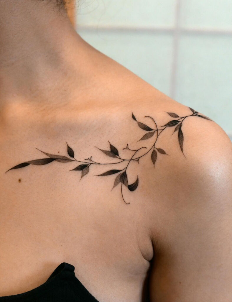 Wrap-around black & grey leaves tattoo