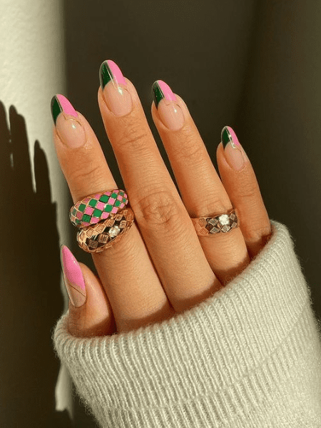 pink and green french mani